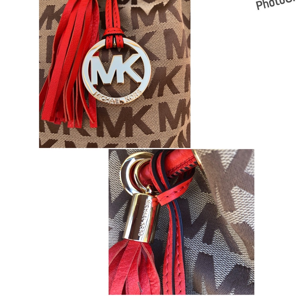 Michael Kors Signature Jacquard East West Ring Tan Orange Red Medium Tote Bag - Picture 12 of 16
